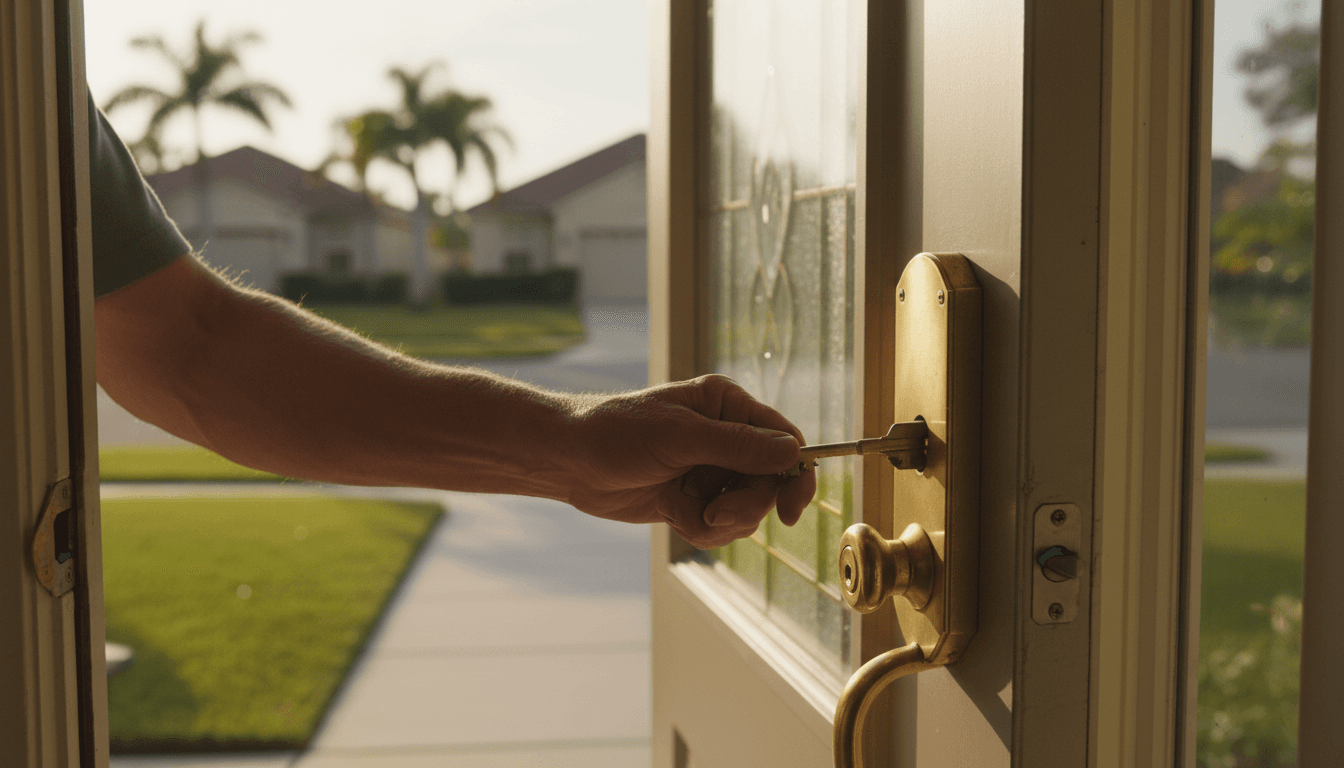 Veteran's hands turning a key in the front door of a home in Boca Raton