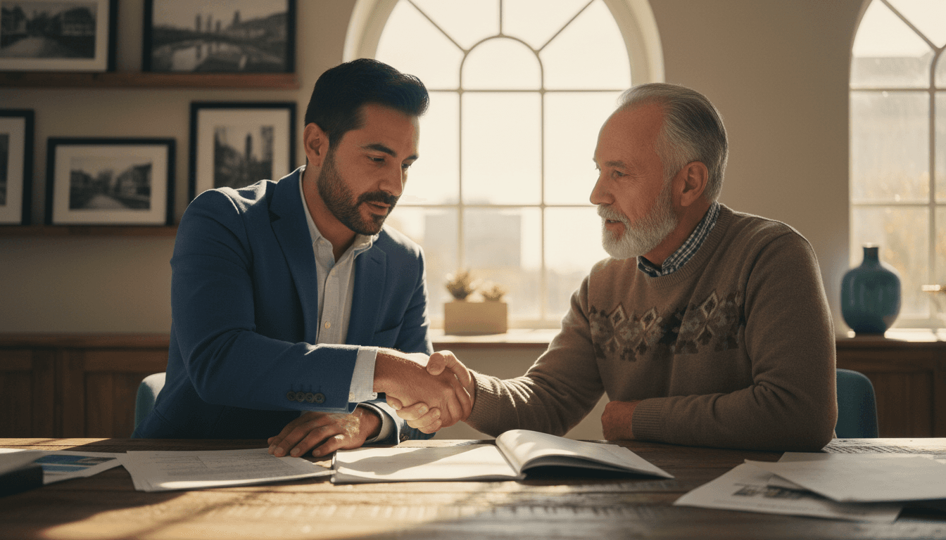 Marine Corps veteran-owned realtor discussing home options with a client at a wooden desk in a bright Boca Raton office