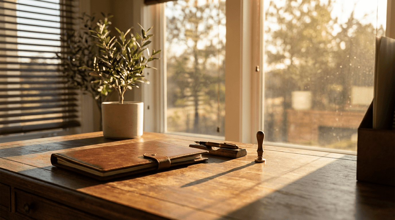 Veteran real estate advisor reviewing documents at a home office desk with warm natural lighting
