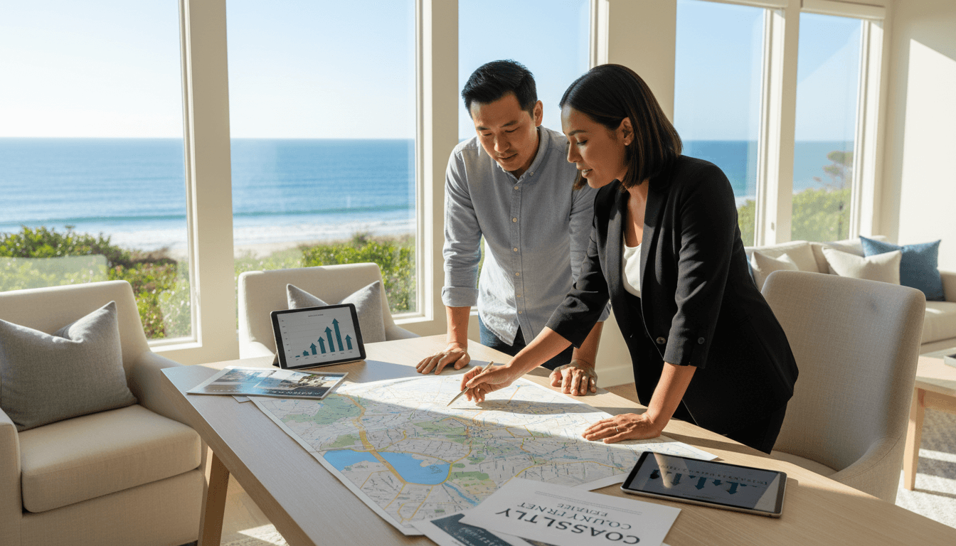 Veteran realtor discussing home buying options with a client at desk