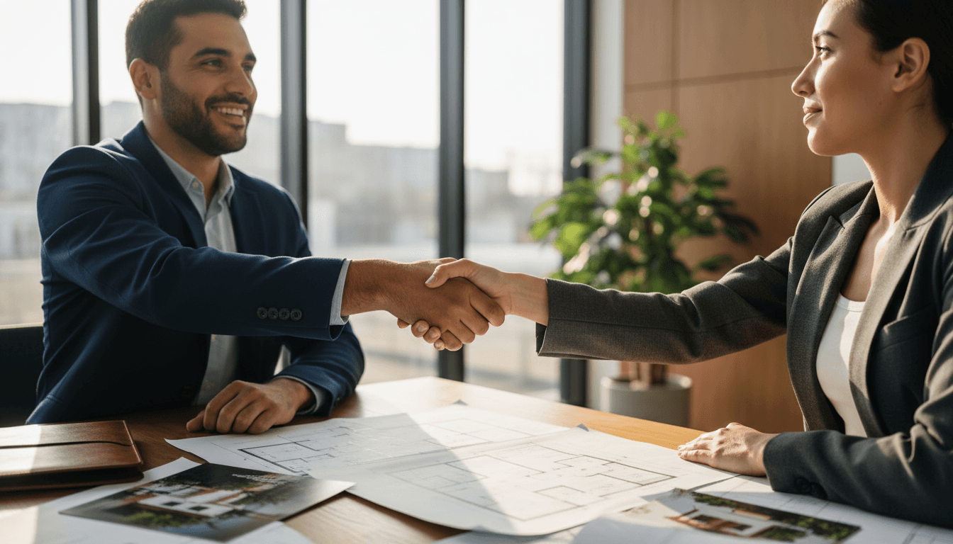 Two professionals shaking hands across a wooden desk in a bright office, symbolizing trust and partnership