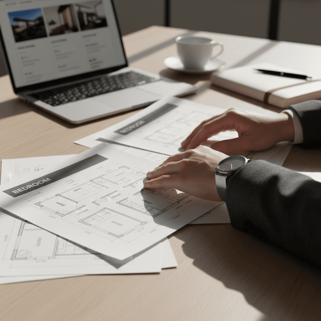 Real estate advisor reviewing home buying options with a client at a desk in Boca Raton office